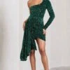 Lorena | Bottle Green Sequin Velvet One Shoulder Mini Dress With Drape Detail 1 Lorena | Bottle Green Sequin Velvet One Shoulder Mini Dress With Drape Detail -Sangyong Store WB CL128032047 LorenaBottleGreenSequinVelvetOneShoulderMiniDressWithDrapeDetail0