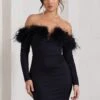 Celia | Black Plunge Neck Bardot Mini Dress With Feather Trim Detail 1 Celia | Black Plunge Neck Bardot Mini Dress With Feather Trim Detail -Sangyong Store WB CL128033002 CeliaBlackNotchNeckBardotMiniDressWithFeatherTrimDetail0 da9c6b34 f2a9 4c33 bcfa 2c165ee578bb