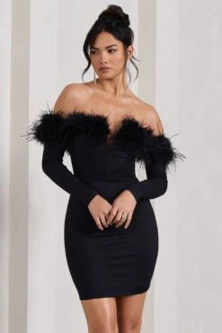 Celia | Black Plunge Neck Bardot Mini Dress With Feather Trim Detail -Sangyong Store WB CL128033002 CeliaBlackNotchNeckBardotMiniDressWithFeatherTrimDetail2 f2fb14f4 2743 4f4b a5fe d3b48b082fbc