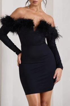 Celia | Black Plunge Neck Bardot Mini Dress With Feather Trim Detail -Sangyong Store WB CL128033002 CeliaBlackNotchNeckBardotMiniDressWithFeatherTrimDetail4 e6b75d1f 65a4 4751 813d 529eda6b1844