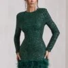 Claudia | Bottle Green Sequin High Neck Feather Hem Mini Dress With Long Sleeves -Sangyong Store WB CL128035047 ClaudiaBottleGreenSequinHighNeckFeatherHemMiniDressWithLongSleeves2