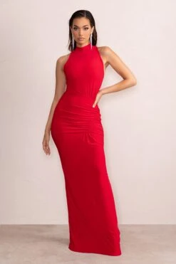 Liori | Red Halter Neck Maxi Dress With Ruching Detail -Sangyong Store WB CL128039 LioriRedHalterNeckMaxiDressWithRuchingDetail0