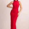 Liori | Red Halter Neck Maxi Dress With Ruching Detail