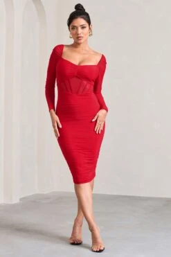 Abiba | Red Ruched Front Corset Midi Dress With Long Sleeves -Sangyong Store WB CL128061004 AbibaRedRuchedMeshCorsetMidiDressWithLongSleeves0