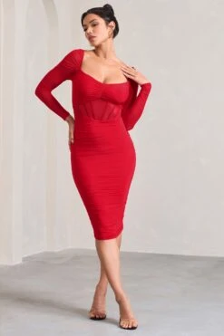 Abiba | Red Ruched Front Corset Midi Dress With Long Sleeves -Sangyong Store WB CL128061004 AbibaRedRuchedMeshCorsetMidiDressWithLongSleeves2