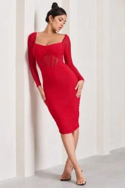 Abiba | Red Ruched Front Corset Midi Dress With Long Sleeves -Sangyong Store WB CL128061004 AbibaRedRuchedMeshCorsetMidiDressWithLongSleeves4