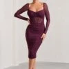 Abiba | Burgundy Ruched Mesh Corset Midi Dress With Long Sleeves 1 Abiba | Burgundy Ruched Mesh Corset Midi Dress With Long Sleeves -Sangyong Store WB CL128061069 AbibaBurgundyRuchedMeshCorsetMidiDressWithLongSleeves0