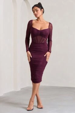 Abiba | Burgundy Ruched Mesh Corset Midi Dress With Long Sleeves -Sangyong Store WB CL128061069 AbibaBurgundyRuchedMeshCorsetMidiDressWithLongSleeves2