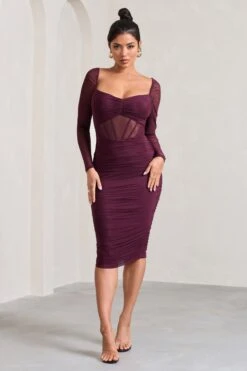 Abiba | Burgundy Ruched Mesh Corset Midi Dress With Long Sleeves -Sangyong Store WB CL128061069 AbibaBurgundyRuchedMeshCorsetMidiDressWithLongSleeves4
