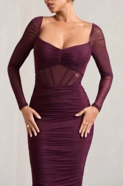 Abiba | Burgundy Ruched Mesh Corset Midi Dress With Long Sleeves -Sangyong Store WB CL128061069 AbibaBurgundyRuchedMeshCorsetMidiDressWithLongSleeves5