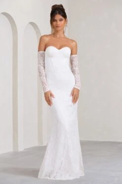 Aniyah | White Lace Bandeau Neckline Corset Fishtail Maxi Dress With Sheer Sleeves -Sangyong Store WB CL128062005 Aniyah WhiteLaceBandeauNecklineCorsetFishtailMaxiDressWithSheerSleeves2copy