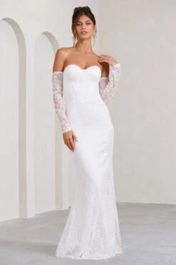 Aniyah | White Lace Bandeau Neckline Corset Fishtail Maxi Dress With Sheer Sleeves -Sangyong Store WB CL128062005 Aniyah WhiteLaceBandeauNecklineCorsetFishtailMaxiDressWithSheerSleeves3copy