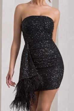 Harper | Black Sequin Bandeau Mini Dress With Feather Trim Drape 13 Harper | Black Sequin Bandeau Mini Dress With Feather Trim Drape -Sangyong Store WB CL128085002 HarperBlackSequinBandeauMiniDressWithFrontDrapeandFeatherTrim1copy