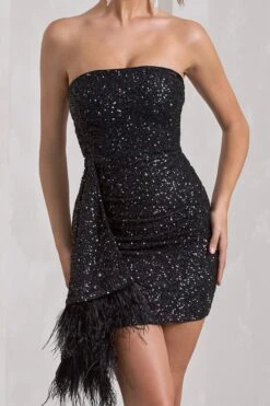 Harper | Black Sequin Bandeau Mini Dress With Feather Trim Drape 12 Harper | Black Sequin Bandeau Mini Dress With Feather Trim Drape -Sangyong Store WB CL128085002 HarperBlackSequinBandeauMiniDressWithFrontDrapeandFeatherTrim4copy