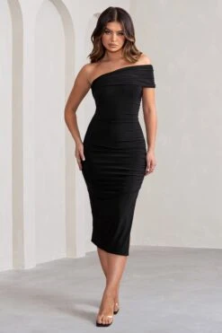 Odelia | Black One Shoulder Bardot Ruched Midi Dress -Sangyong Store WB CL128096 OdeliaBlackOneShoulderBardotRuchedMidiDress1