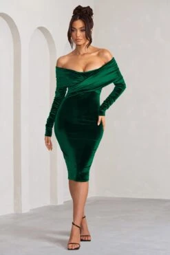 Flatter Me | Bottle Green Velvet Twist Front Bardot Midi Dress -Sangyong Store WB CL128160 FlatterMeBottlegreenVelvetTwistFrontBardotMidiDress2 5d8ce145 93d1 4b6d a51e 931069c3ae85