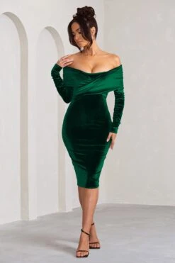 Flatter Me | Bottle Green Velvet Twist Front Bardot Midi Dress -Sangyong Store WB CL128160 FlatterMeBottlegreenVelvetTwistFrontBardotMidiDress3 16b2747e 3252 42cb 8464 2317c5288fb6