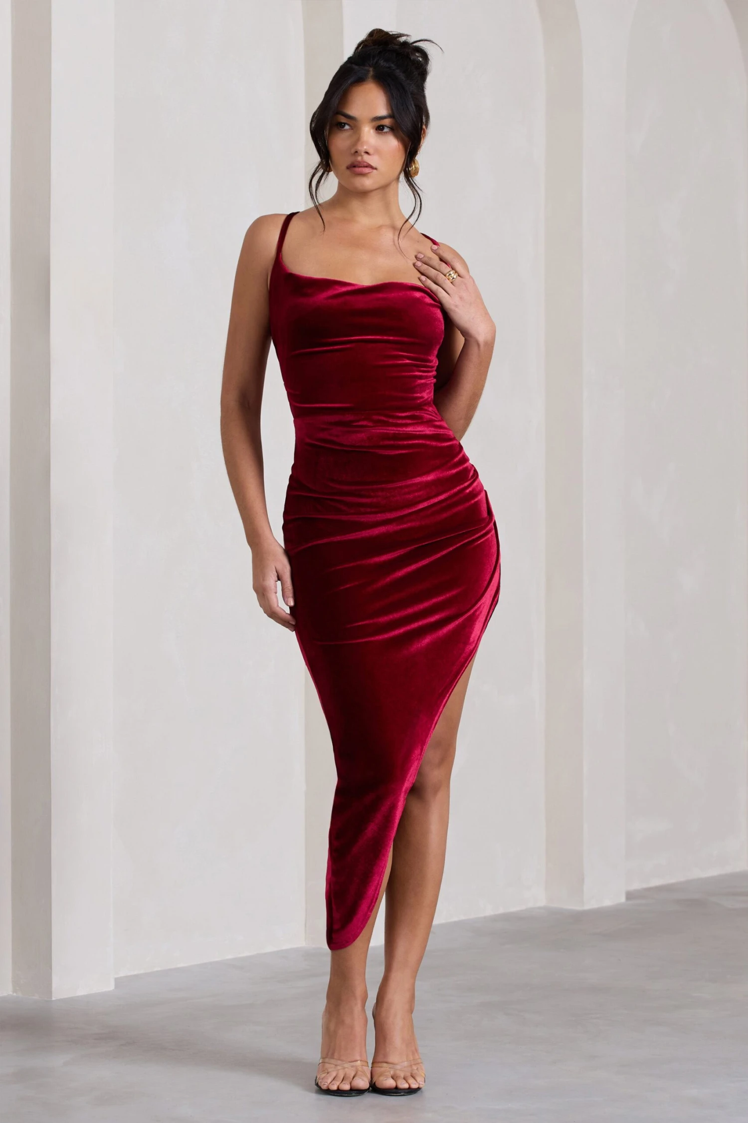 Risk It All | Berry Velvet Cami Cowl Neck Asymmetric Hem Midi Dress 3 Risk It All | Berry Velvet Cami Cowl Neck Asymmetric Hem Midi Dress
