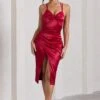 Penelope | Red Satin Twist Front Strappy Midi Dress -Sangyong Store WB CL128200004 PenelopeRedSatinTwistFrontStrappyMidiDress3