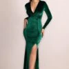 Elivia | Bottle Green Velvet Long Sleeve Plunge Neck Maxi Dress