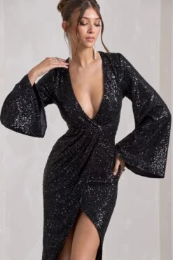 Amber | Black Sequin Plunge Wrap Midi Dress -Sangyong Store WB CL128278002 AmberBlackSequinPlungeWrapMaxiDresswithCapeSleevesandFrontSplit4