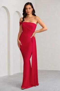 Aaliyah | Red Asymmetric Bardot Maxi Dress With Drape