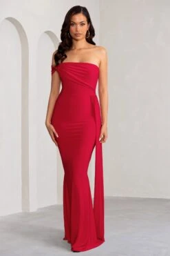 Aaliyah | Red Asymmetric Bardot Maxi Dress With Drape -Sangyong Store WB CL128282 AaliyahRedAsymmetricBardotMaxiDresswithDrape1 49a7c575 f0f6 473d 8747 51580eb811f8