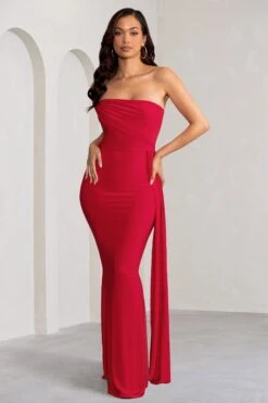 Aaliyah | Red Asymmetric Bardot Maxi Dress With Drape -Sangyong Store WB CL128282 AaliyahRedAsymmetricBardotMaxiDresswithDrape4 56b84748 d9fe 42a5 91c8 046b52284df2