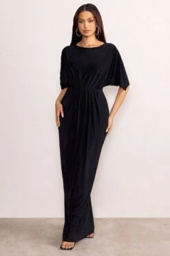 Polly | Black Slash Neck Maxi Dress Cape Sleeves