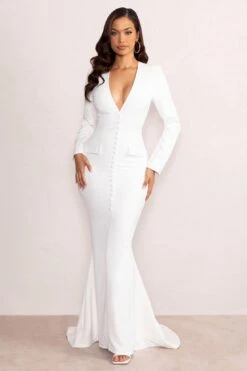 Reba | White Plunge Long Sleeve Structured Maxi Dress With Front Split