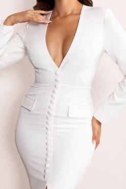 Reba | White Plunge Long Sleeve Structured Maxi Dress With Front Split -Sangyong Store WB CL128300 RebaWhitePlungeLongSleeveStructuredMaxiDresswithFrontSplit3