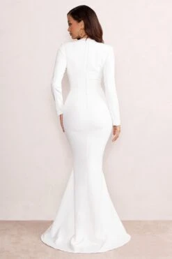 Reba | White Plunge Long Sleeve Structured Maxi Dress With Front Split -Sangyong Store WB CL128300 RebaWhitePlungeLongSleeveStructuredMaxiDresswithFrontSplit4