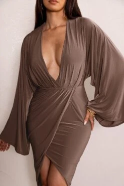 Audriana | Mocha Plunging Midi Wrap Dress -Sangyong Store WB CL128307 AudrianaMochaPlungeNeckMidiDresswithCapeSleevesandFrontSplit2 49c90f01 a020 43d9 9aac c13b3fc350cd