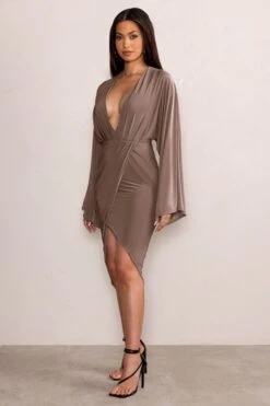 Audriana | Mocha Plunging Midi Wrap Dress -Sangyong Store WB CL128307 AudrianaMochaPlungeNeckMidiDresswithCapeSleevesandFrontSplit3 fc8a7b14 43fd 4465 815f 97ab832ffec2