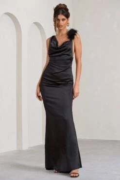 Cherish Me | Black Satin Asymmetric Cowl Maxi Dress With Feather Strap -Sangyong Store WB CL128337002 CherishMeBlackSatinAsymmetricCowlMaxiDressWithFeatherStrap2