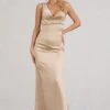 Cherish Me | Gold Satin Asymmetric Cowl Maxi Dress With Feather Strap -Sangyong Store WB CL1283370072 CherishMeGoldBodyconMidiDressWithStatementFeatherTrim0