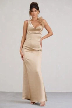 Cherish Me | Gold Satin Asymmetric Cowl Maxi Dress With Feather Strap