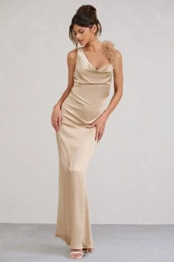 Cherish Me | Gold Satin Asymmetric Cowl Maxi Dress With Feather Strap -Sangyong Store WB CL1283370072 CherishMeGoldBodyconMidiDressWithStatementFeatherTrim1