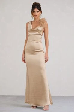 Cherish Me | Gold Satin Asymmetric Cowl Maxi Dress With Feather Strap -Sangyong Store WB CL1283370072 CherishMeGoldBodyconMidiDressWithStatementFeatherTrim2