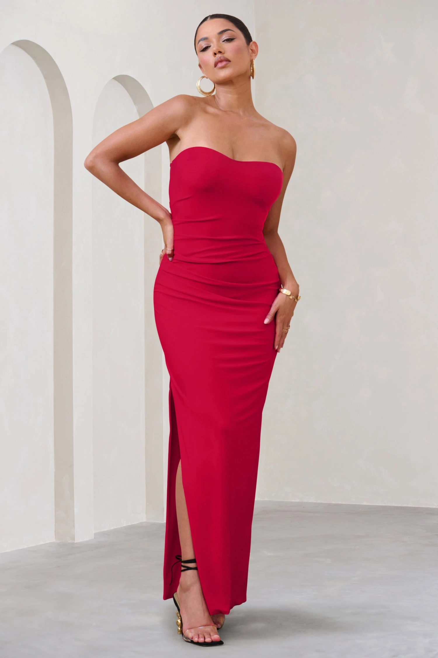 Manon | Red Sweetheart Bandeau Maxi Dress With Thigh Split 5 Manon | Red Sweetheart Bandeau Maxi Dress With Thigh Split - Image 3