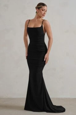 Adele | Black Ruched Fishtail Cami Maxi Dress -Sangyong Store WB CL128390 AdeleBlackRuchedFishtailCamiMaxiDress2