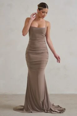 Adele | Mocha Backless Ruched Fishtail Cami Maxi Dress -Sangyong Store WB CL128390 AdeleMochaRuchedFishtailCamiMaxiDress2