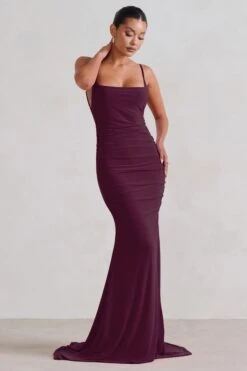 Adele | Plum Backless Ruched Fishtail Cami Maxi Dress -Sangyong Store WB CL128390 AdelePlumRuchedFishtailCamiMaxiDress2