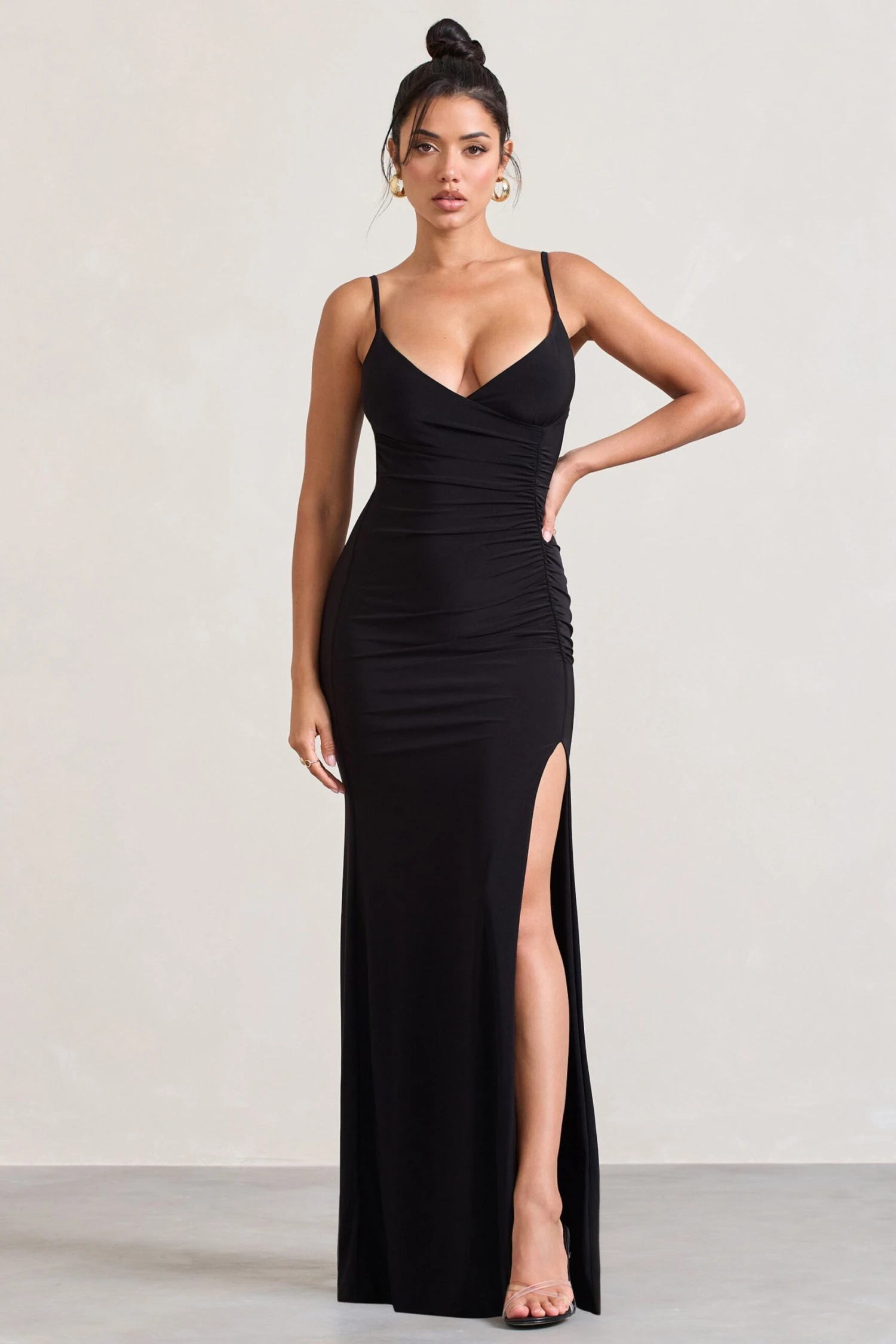 Jeanne | Black Plunge Ruched Cami Maxi Dress With Split 6 Jeanne | Black Plunge Ruched Cami Maxi Dress With Split - Image 4