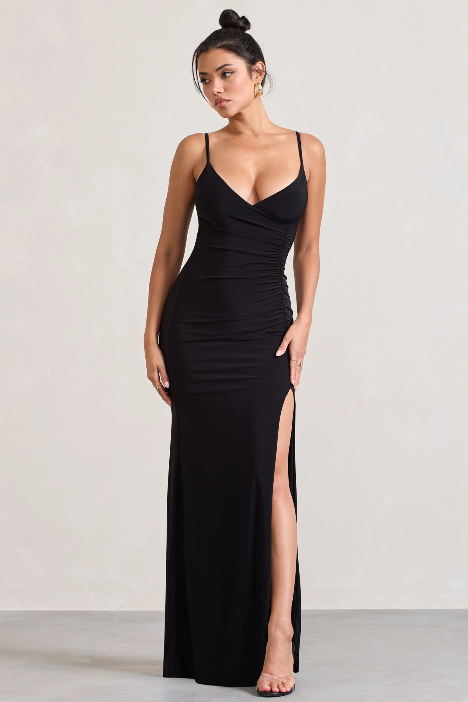 Jeanne | Black Plunge Ruched Cami Maxi Dress With Split 7 Jeanne | Black Plunge Ruched Cami Maxi Dress With Split - Image 5