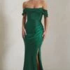 Kimberly | Bottle Green Bardot Fishtail Satin Maxi Dress -Sangyong Store WB CL128406 KimberlyBottleGreenBardotFishtailSatinMaxiDress0