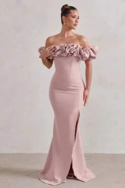 Esmeralda | Blush Pink Structured Statement Bardot Maxi Dress -Sangyong Store WB CL128410 EsmeraldaBlushPinkStructuredStatementBardotMaxiDress0