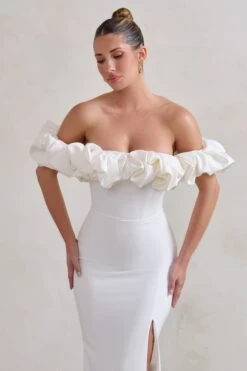 Esmeralda | White Structured Statement Bardot Maxi Dress -Sangyong Store WB CL128410 EsmeraldaWhiteStructuredStatementBardotMaxiDress5