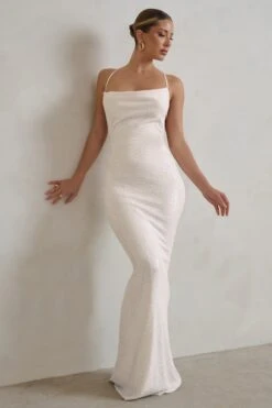 Seeing Stars | White Cowl Cami Sequin Maxi Dress With Waist Tie -Sangyong Store WB CL128416 SeeingStarsWhiteCowlCamiSequinMaxiDressWithWaistTie3