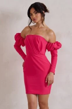 Laurie | Hot Pink Bardot Puff Long Sleeve Mini Dress -Sangyong Store WB CL128423 LaurieHotPinkBardotPuffLongSleeveMiniDress3